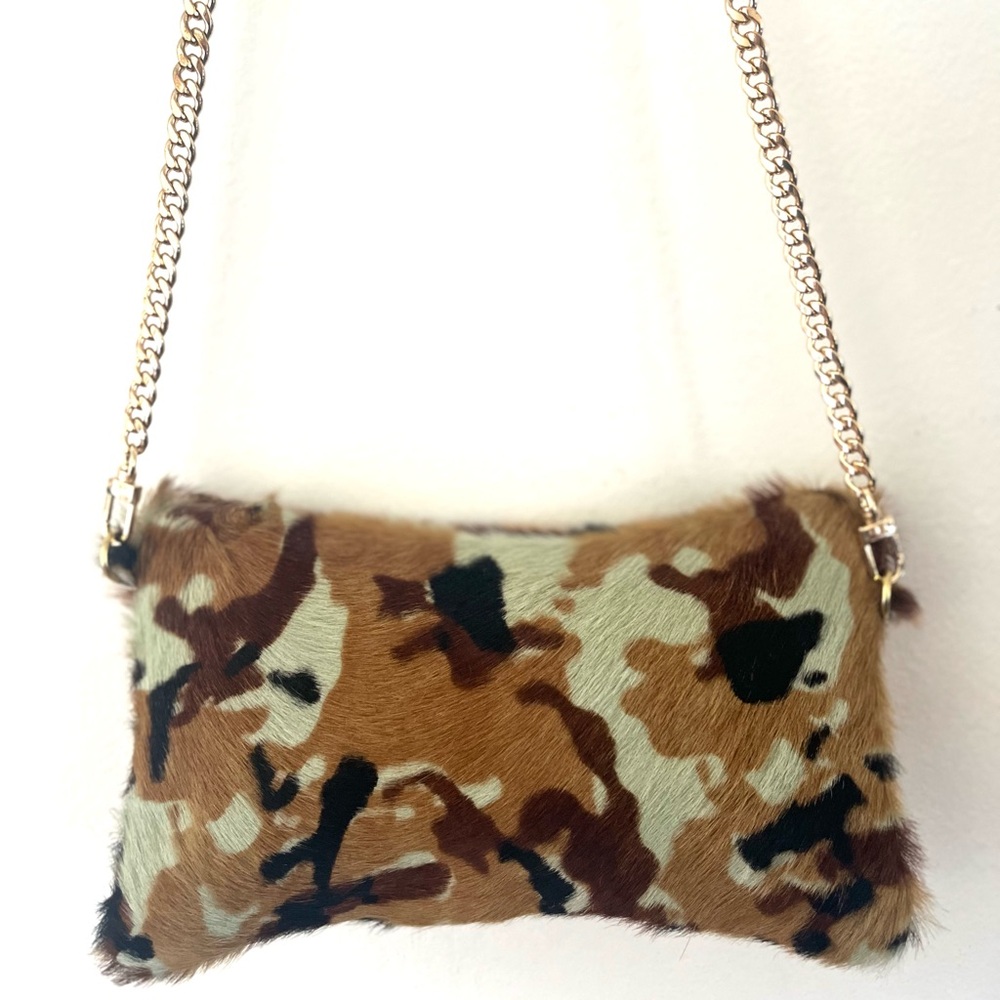 Parker & Hyde Leather Cow Hair Camo Crossbody Bag w/ Gold Chain Crossbody Strap